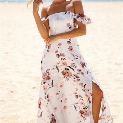 White Floral Print Off-the-shoulder Maxi Dress..