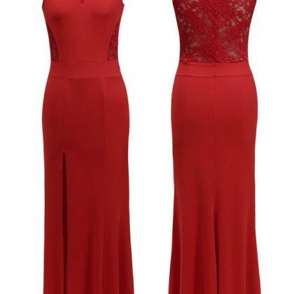 Red long lace stitching dress