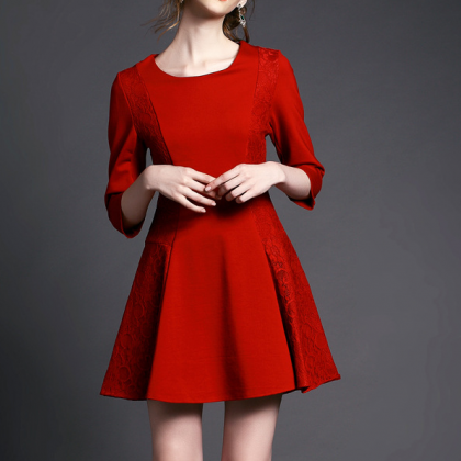 Lace Stitching Red, Black Temperament Dress