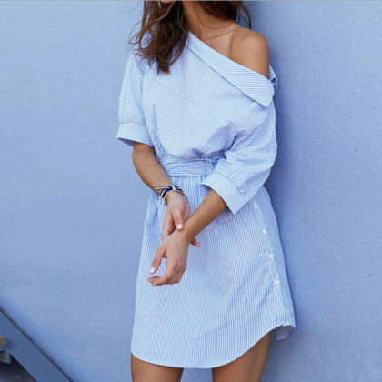 Blue Pinstriped One-shoulder Shirt Dress With Bow..