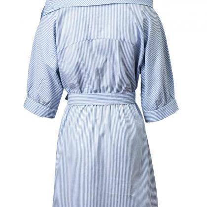 Blue Pinstriped One-shoulder Shirt Dress With Bow..