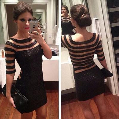Sequined black stripes tight sexy dress 