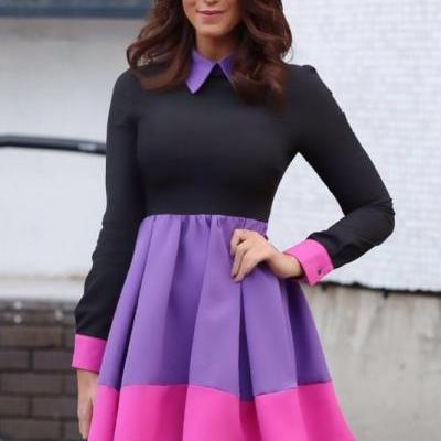 Long sleeve color matching dress 