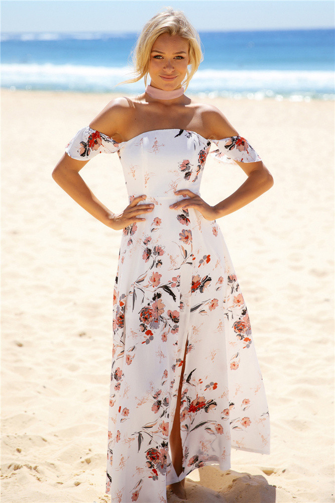 White Floral Print Off-the-shoulder Maxi Dress Featuring High Slit And Tie Accent Open Back