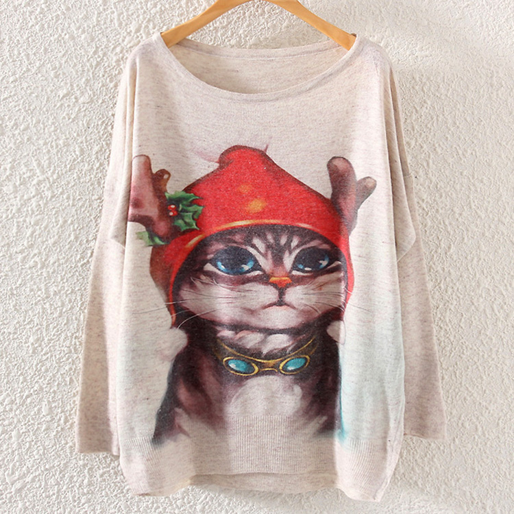 Christmas Cat Round Neck Bat Sleeve Sweater