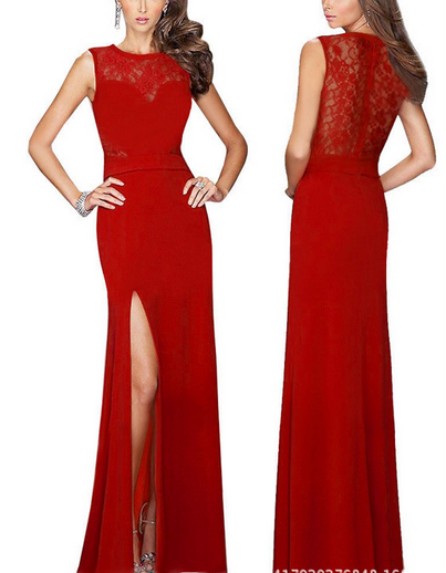 Red long lace stitching dress