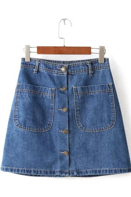 Blue A-Line Denim Skirt with Button Front and Dual Pocket