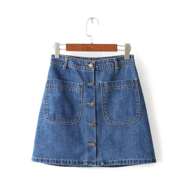 Blue A-Line Denim Skirt With Button Front And Dual Pocket on Luulla