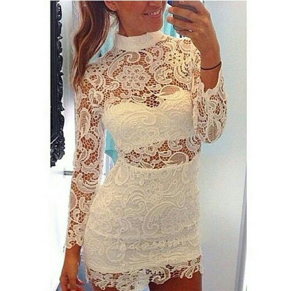Long-sleeved Lace Hollow Out Dress on Luulla