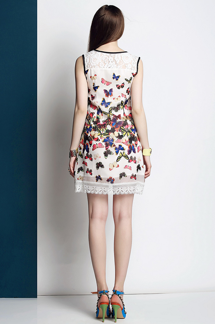 Butterfly Printed Silk Lace Stitching Dress on Luulla