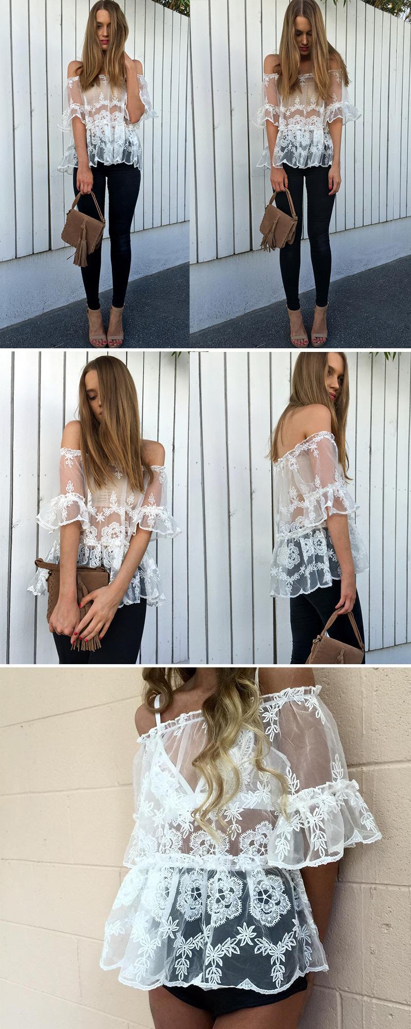 Lace Hollow Out Round Collar Blouse on Luulla